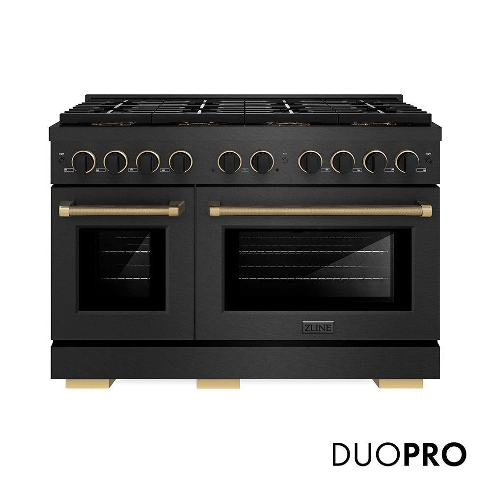 ZLINE Designer Collection 48 in. 6.7 cu. ft. Paramount Gas Range with 8 Burner DuoProâ„¢ Cooktop and Dual Ovens in Black Satin Stainless Steel with Matte Black and Champagne Bronze Accents (PSGRBSZ-48-MBCB)
