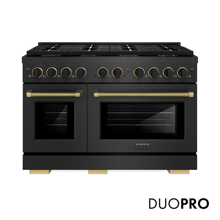 ZLINE Designer Collection 48 in. 6.7 cu. ft. Paramount Gas Range with 8 Burner DuoProâ„¢ Cooktop and Dual Ovens in Black Satin Stainless Steel with Matte Black and Champagne Bronze Accents (PSGRBSZ-48-MBCB)