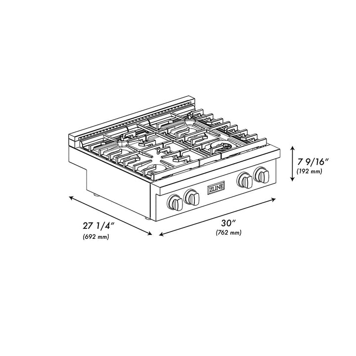 ZLINE Designer Collection 30 in. Paramount Gas Rangetop with 4 Burners in Black Satin Stainless Steel with Matte Black and Champagne Bronze Accents (SRTBSZ-30-MBCB)