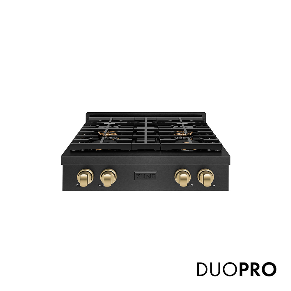 ZLINE Autograph Edition 30 in. Paramount Gas Rangetop with 4 Burner DuoProâ„¢ Cooktop in Black Satin Stainless Steel and Champagne Bronze Accents (PSRTBSZ-30-CB)