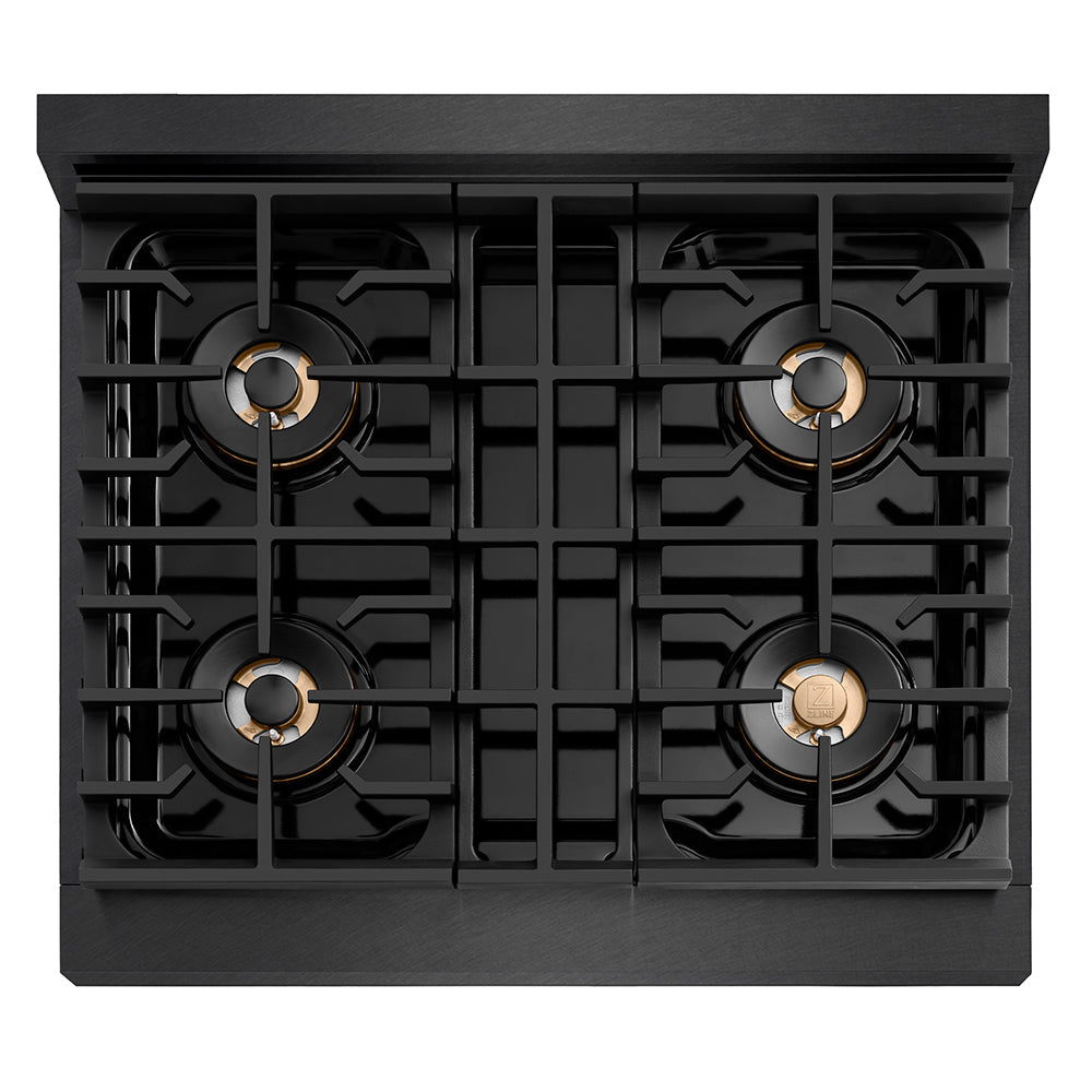 ZLINE Autograph Edition 30 in. Paramount Gas Rangetop with 4 Burner DuoProâ„¢ Cooktop in Black Satin Stainless Steel and Polished Gold Accents (PSRTBSZ-30-G)