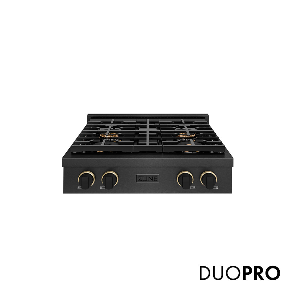 ZLINE Designer Collection 30 in. Paramount Gas Rangetop with 4 Burner DuoProâ„¢ Cooktop in Black Satin Stainless Steel with Matte Black and Champagne Bronze Accents (PSRTBSZ-30-MBCB)