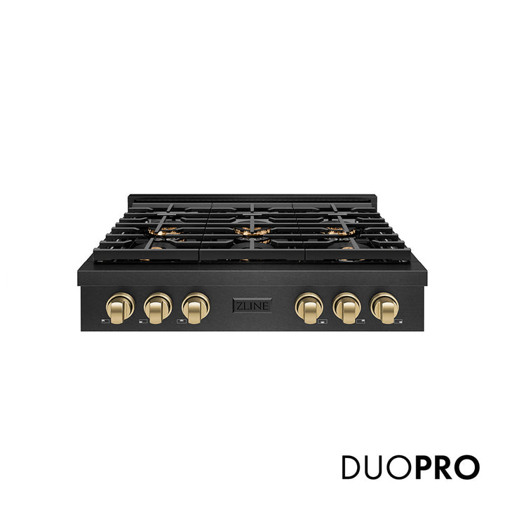 ZLINE Autograph Edition 36 in. Paramount Gas Rangetop with 6 Burner DuoProâ„¢ Cooktop in Black Satin Stainless Steel and Champagne Bronze Accents (PSRTBSZ-36-CB)
