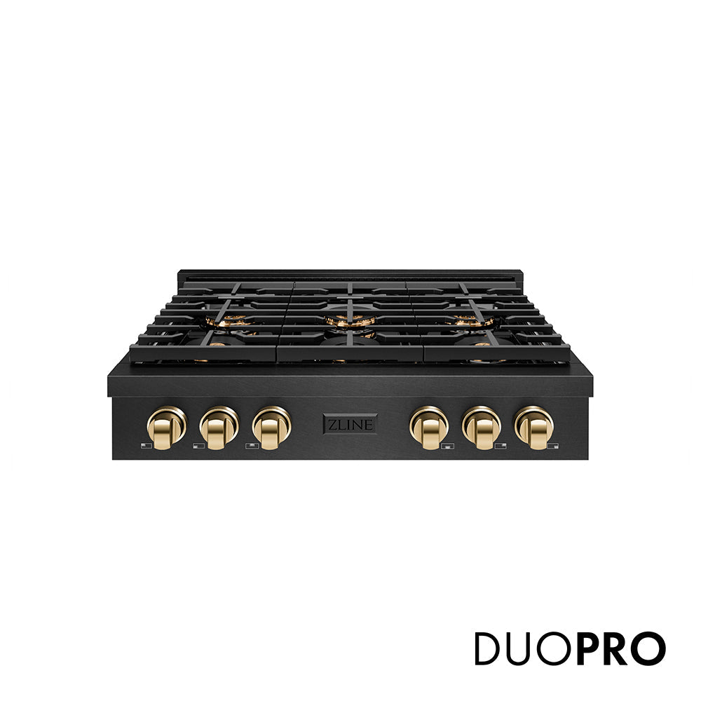 ZLINE Autograph Edition 36 in. Paramount Gas Rangetop with 6 Burner DuoProâ„¢ Cooktop in Black Satin Stainless Steel and Polished Gold Accents (PSRTBSZ-36-G)