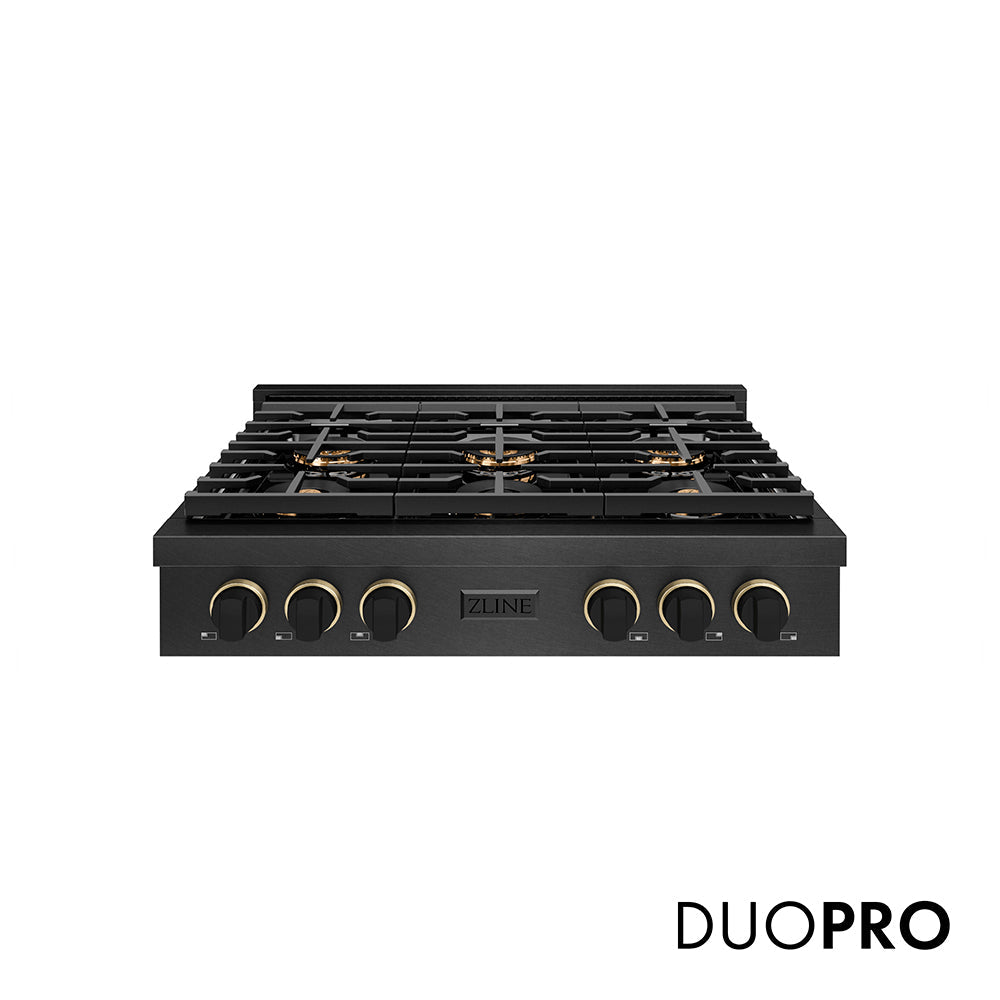 ZLINE Designer Collection 36 in. Paramount Gas Rangetop with 6 Burner DuoProâ„¢ Cooktop in Black Satin Stainless Steel with Matte Black and Champagne Bronze Accents (PSRTBSZ-36-MBCB)