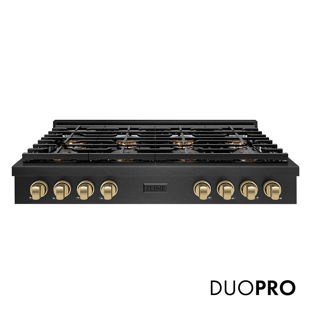 ZLINE Autograph Edition 48 in. Paramount Gas Rangetop with 8 Burner DuoProâ„¢ Cooktop in Black Satin Stainless Steel and Champagne Bronze Accents (PSRTBSZ-48-CB)