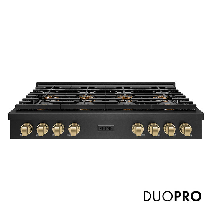 ZLINE Autograph Edition 48 in. Paramount Gas Rangetop with 8 Burner DuoProâ„¢ Cooktop in Black Satin Stainless Steel and Champagne Bronze Accents (PSRTBSZ-48-CB)