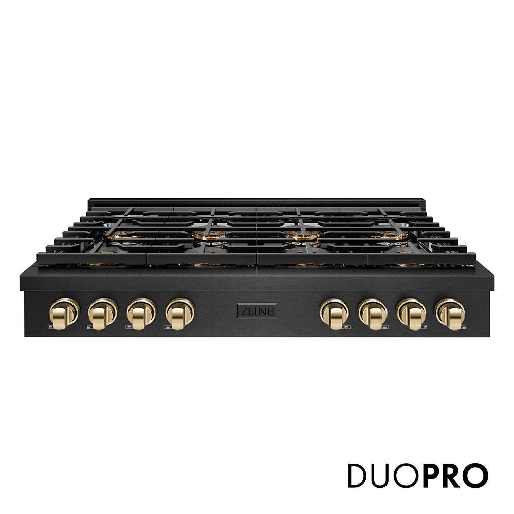 ZLINE Autograph Edition 48 in. Paramount Gas Rangetop with 8 Burner DuoProâ„¢ Cooktop in Black Satin Stainless Steel and Polished Gold Accents (PSRTBSZ-48-G)