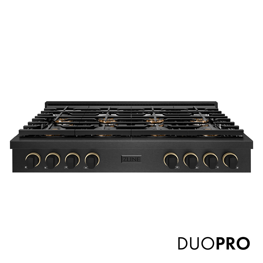 ZLINE Designer Collection 48 in. Paramount Gas Rangetop with 8 Burner DuoProâ„¢ Cooktop in Black Satin Stainless Steel with Matte Black and Champagne Bronze Accents (PSRTBSZ-48-MBCB)