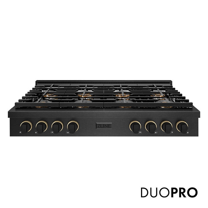 ZLINE Designer Collection 48 in. Paramount Gas Rangetop with 8 Burner DuoProâ„¢ Cooktop in Black Satin Stainless Steel with Matte Black and Champagne Bronze Accents (PSRTBSZ-48-MBCB)