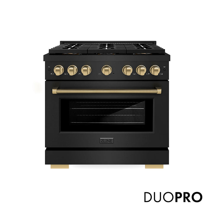 ZLINE Autograph Edition 36 in. 5.2 cu. ft. Paramount Dual Fuel Range with 6 Burner DuoProâ„¢ Cooktop and Electric Convection Oven in Black Stainless Steel with Champagne Bronze Helix Handle and Accents (PSDRBZ-36-KCB)