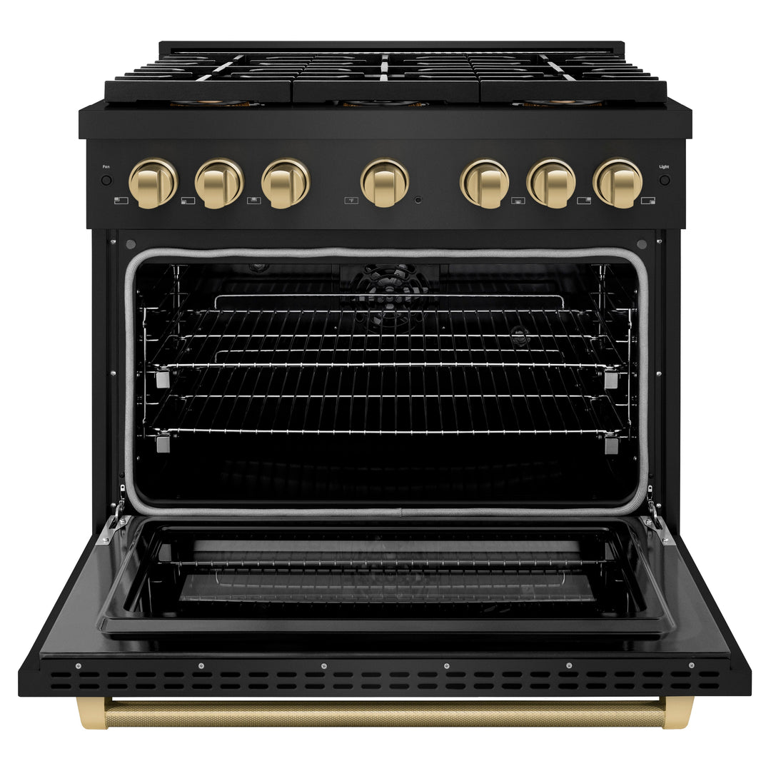 ZLINE Autograph Edition 36 in. 5.2 cu. ft. Paramount Dual Fuel Range with 6 Burner DuoProâ„¢ Cooktop and Electric Convection Oven in Black Stainless Steel with Champagne Bronze Helix Handle and Accents (PSDRBZ-36-KCB)