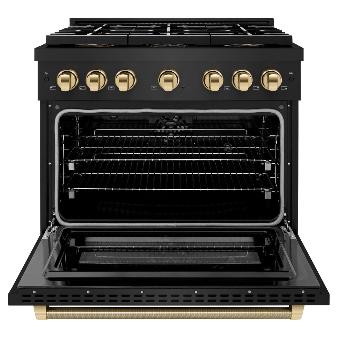 ZLINE Autograph Edition 36 in. 5.2 cu. ft. Paramount Dual Fuel Range with 6 Burner DuoProâ„¢ Cooktop and Electric Convection Oven in Black Stainless Steel with Polished Gold Helix Handle and Accents (PSDRBZ-36-KG)