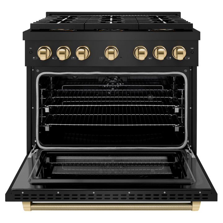 ZLINE Autograph Edition 36 in. 5.2 cu. ft. Paramount Dual Fuel Range with 6 Burner DuoProâ„¢ Cooktop and Electric Convection Oven in Black Stainless Steel with Polished Gold Helix Handle and Accents (PSDRBZ-36-KG)