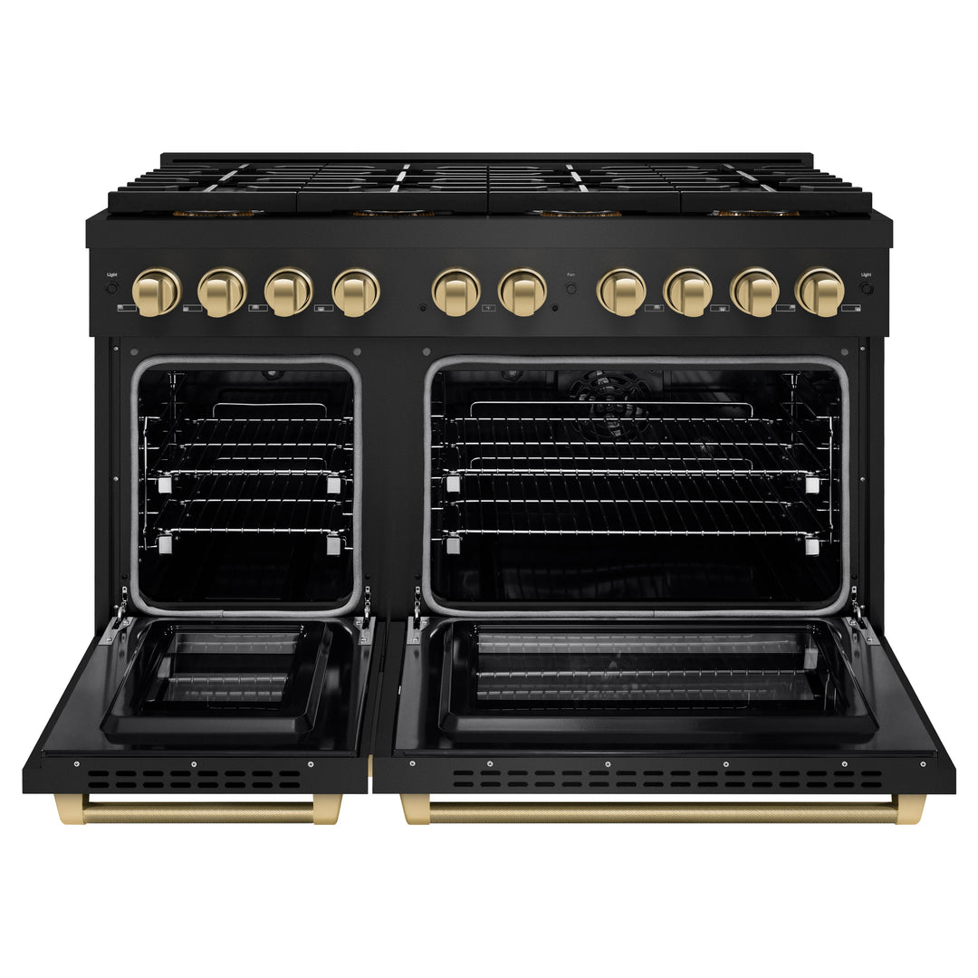ZLINE Autograph Edition 48 in. 6.7 cu. ft. Paramount Dual Fuel Range with 8 Burner DuoProâ„¢ Cooktop and Dual Ovens in Black Stainless Steel with Champagne Bronze Helix Handles and Accents (PSDRBZ-48-KCB)