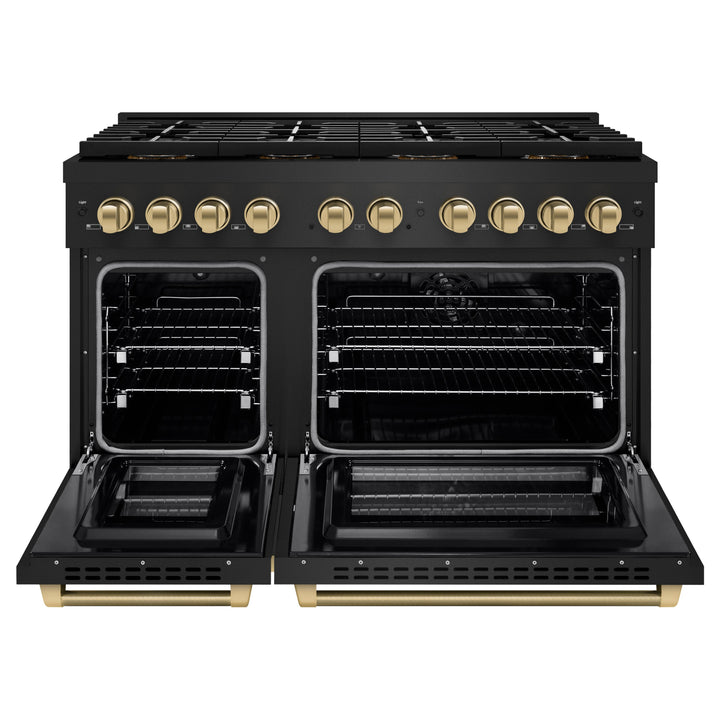 ZLINE Autograph Edition 48 in. 6.7 cu. ft. Paramount Dual Fuel Range with 8 Burner DuoProâ„¢ Cooktop and Dual Ovens in Black Stainless Steel with Champagne Bronze Helix Handles and Accents (PSDRBZ-48-KCB)