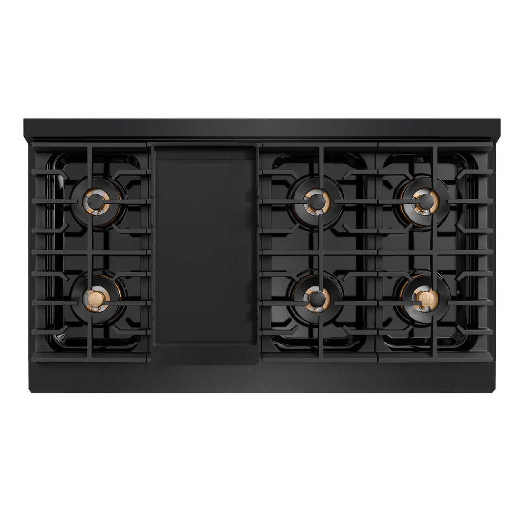 ZLINE Autograph Edition 48 in. 6.7 cu. ft. Paramount Dual Fuel Range with 8 Burner DuoProâ„¢ Cooktop and Dual Ovens in Black Stainless Steel with Champagne Bronze Helix Handles and Accents (PSDRBZ-48-KCB)