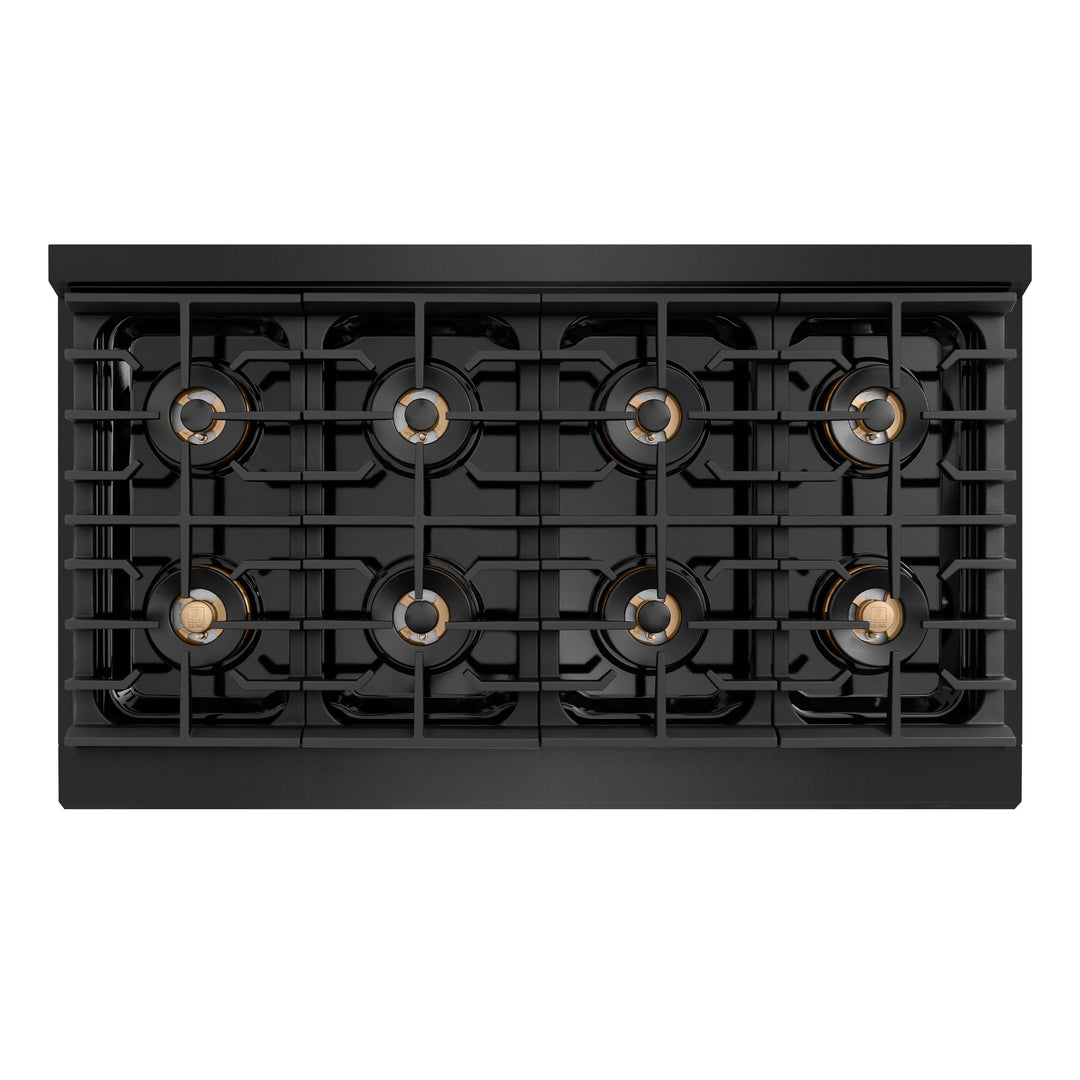 ZLINE Autograph Edition 48 in. 6.7 cu. ft. Paramount Dual Fuel Range with 8 Burner DuoProâ„¢ Cooktop and Dual Ovens in Black Stainless Steel with Champagne Bronze Helix Handles and Accents (PSDRBZ-48-KCB)
