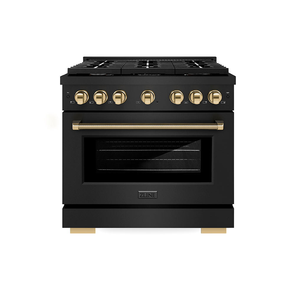 ZLINE Autograph Edition 36 in. 5.2 cu. ft. Paramount Gas Range with 6 Burner Cooktop and Convection Gas Oven in Black Stainless Steel with Polished Gold Helix Handle and Knob Accents (SGRBZ-36-KG)