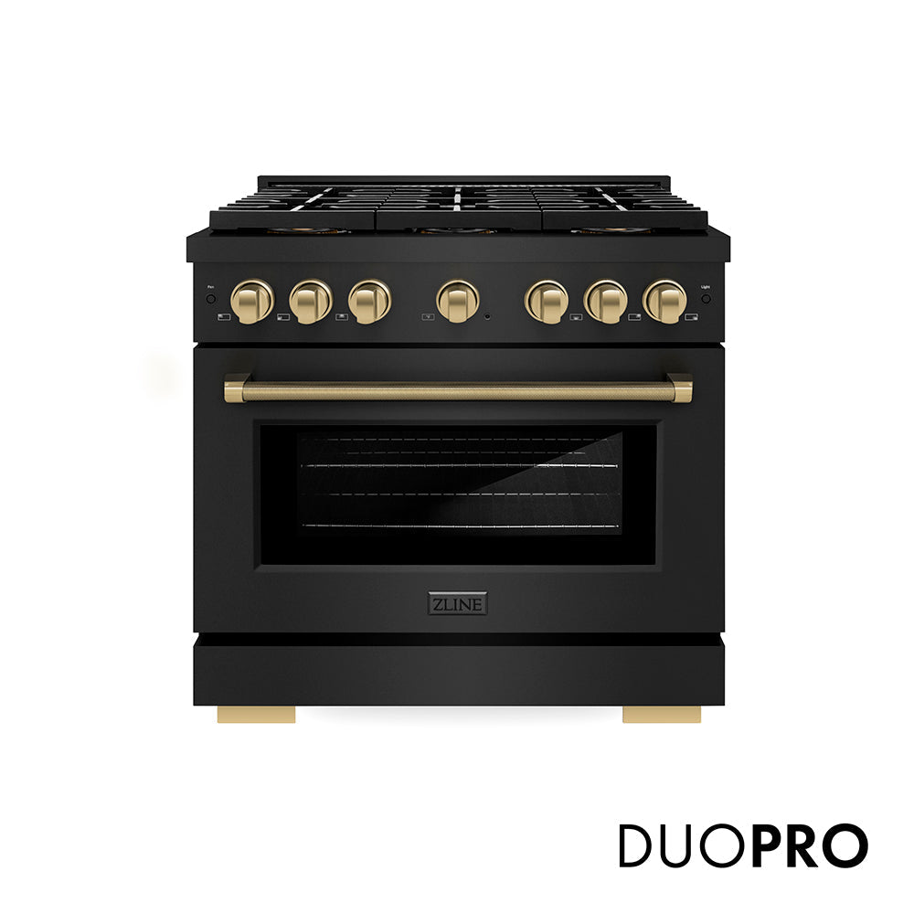 ZLINE Autograph Edition 36 in. 5.2 cu. ft. Paramount Gas Range with 6 Burner DuoProâ„¢ Cooktop and Convection Gas Oven in Black Stainless Steel with Champagne Bronze Helix Handle and Accents (PSGRBZ-36-KCB)