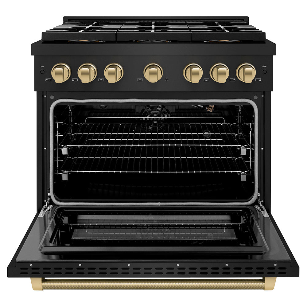 ZLINE Autograph Edition 36 in. 5.2 cu. ft. Paramount Gas Range with 6 Burner DuoProâ„¢ Cooktop and Convection Gas Oven in Black Stainless Steel with Champagne Bronze Helix Handle and Accents (PSGRBZ-36-KCB)