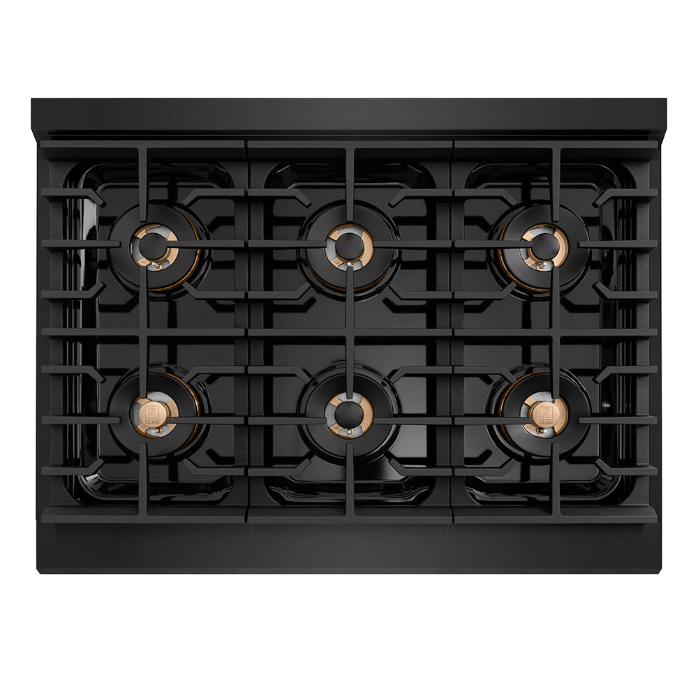 ZLINE Autograph Edition 36 in. 5.2 cu. ft. Paramount Gas Range with 6 Burner DuoProâ„¢ Cooktop and Convection Gas Oven in Black Stainless Steel with Champagne Bronze Helix Handle and Accents (PSGRBZ-36-KCB)