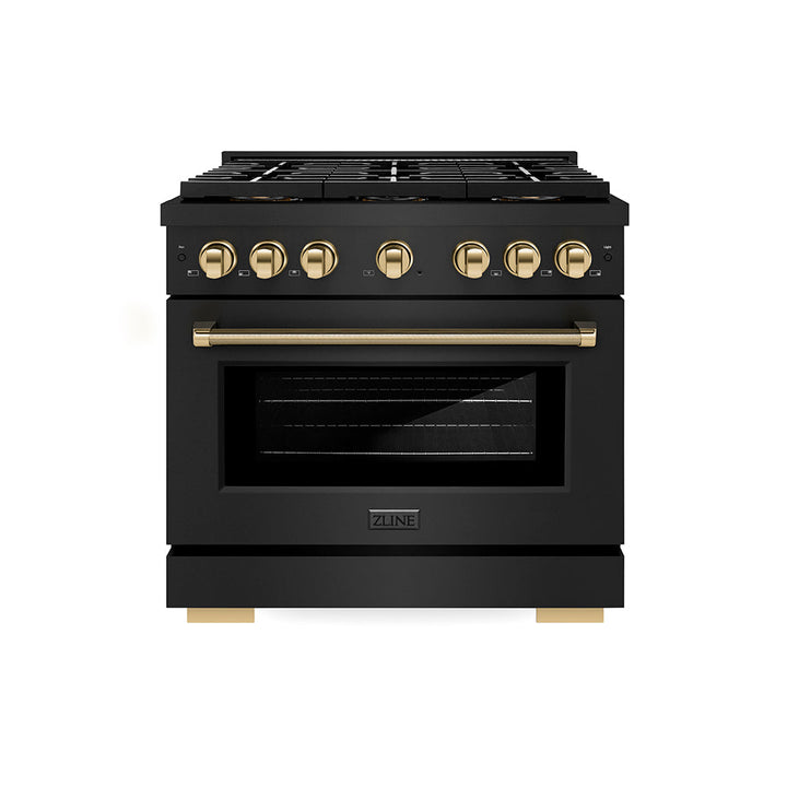 ZLINE Autograph Edition 36 in. 5.2 cu. ft. Paramount Gas Range with 6 Burner DuoProâ„¢ Cooktop and Convection Gas Oven in Black Stainless Steel with Polished Gold Helix Handle and Accents (PSGRBZ-36-KG)