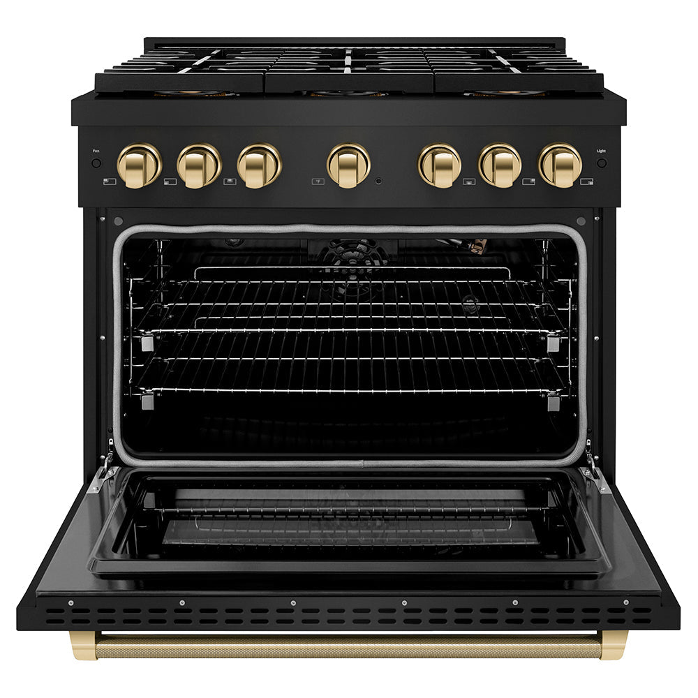 ZLINE Autograph Edition 36 in. 5.2 cu. ft. Paramount Gas Range with 6 Burner DuoProâ„¢ Cooktop and Convection Gas Oven in Black Stainless Steel with Polished Gold Helix Handle and Accents (PSGRBZ-36-KG)