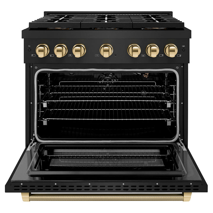 ZLINE Autograph Edition 36 in. 5.2 cu. ft. Paramount Gas Range with 6 Burner DuoProâ„¢ Cooktop and Convection Gas Oven in Black Stainless Steel with Polished Gold Helix Handle and Accents (PSGRBZ-36-KG)