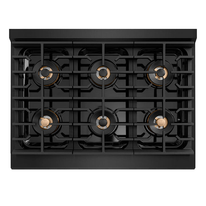 ZLINE Autograph Edition 36 in. 5.2 cu. ft. Paramount Gas Range with 6 Burner DuoProâ„¢ Cooktop and Convection Gas Oven in Black Stainless Steel with Polished Gold Helix Handle and Accents (PSGRBZ-36-KG)