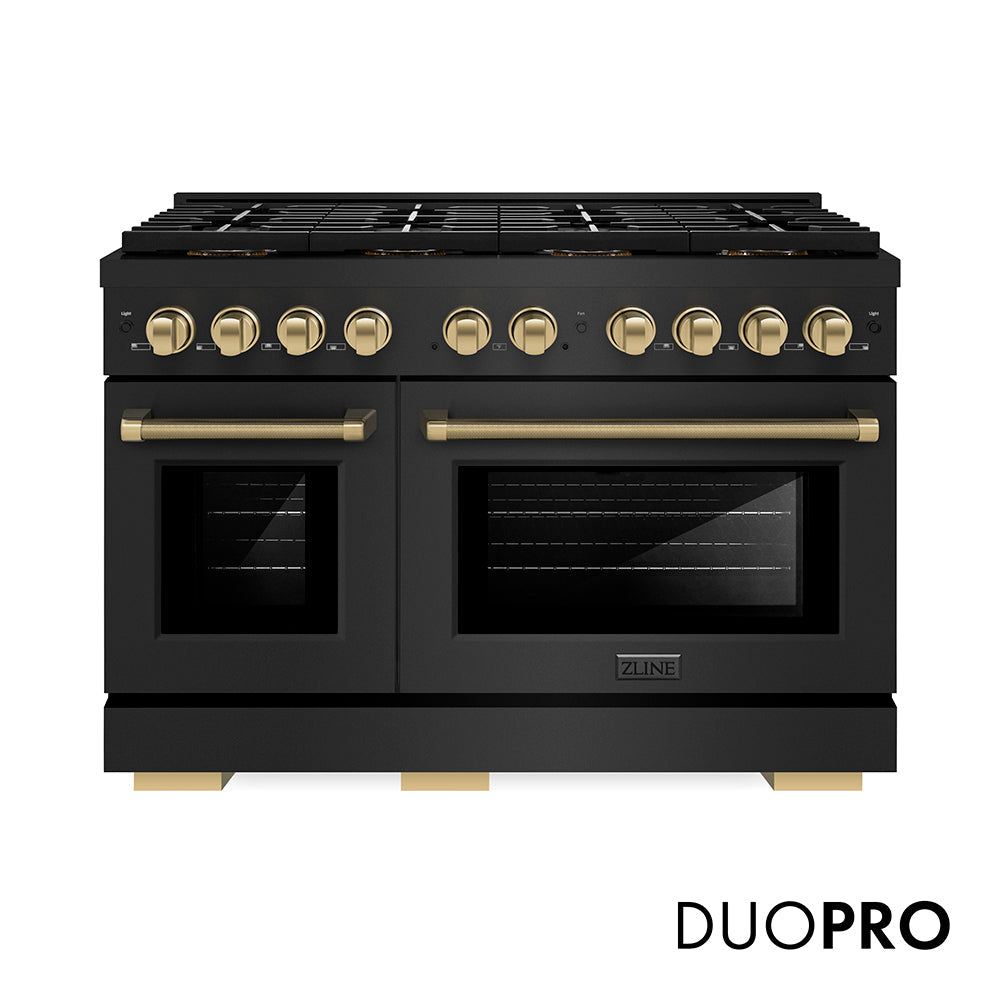 ZLINE Autograph Edition 48 in. 6.7 cu. ft. Paramount Gas Range with 8 Burner DuoProâ„¢ Cooktop and Dual Ovens in Black Stainless Steel with Champagne Bronze Helix Handles and Accents (PSGRBZ-48-KCB)