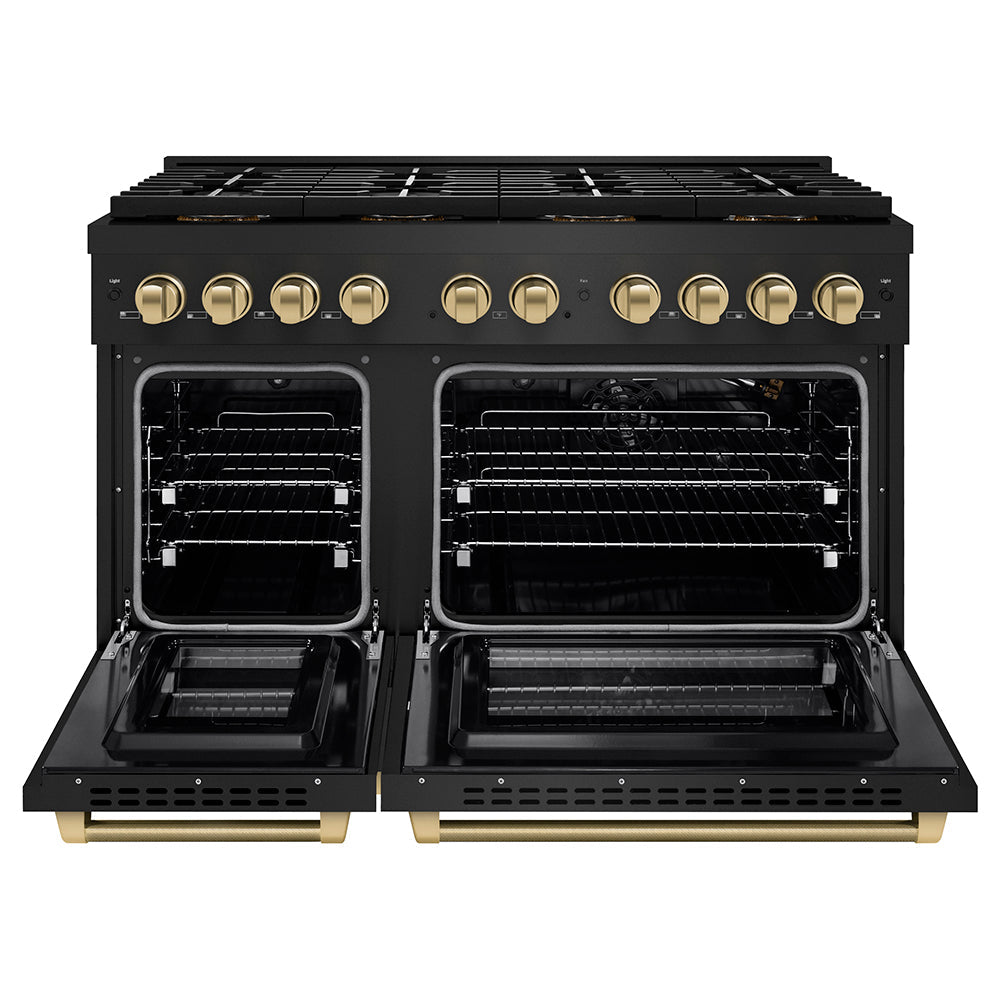 ZLINE Autograph Edition 48 in. 6.7 cu. ft. Paramount Gas Range with 8 Burner DuoProâ„¢ Cooktop and Dual Ovens in Black Stainless Steel with Champagne Bronze Helix Handles and Accents (PSGRBZ-48-KCB)