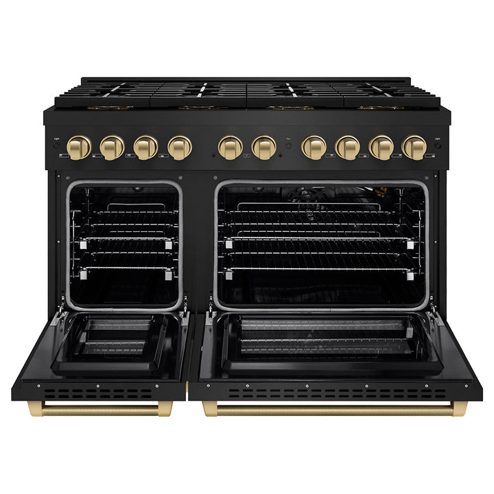 ZLINE Autograph Edition 48 in. 6.7 cu. ft. Paramount Gas Range with 8 Burner DuoProâ„¢ Cooktop and Dual Ovens in Black Stainless Steel with Champagne Bronze Helix Handles and Accents (PSGRBZ-48-KCB)
