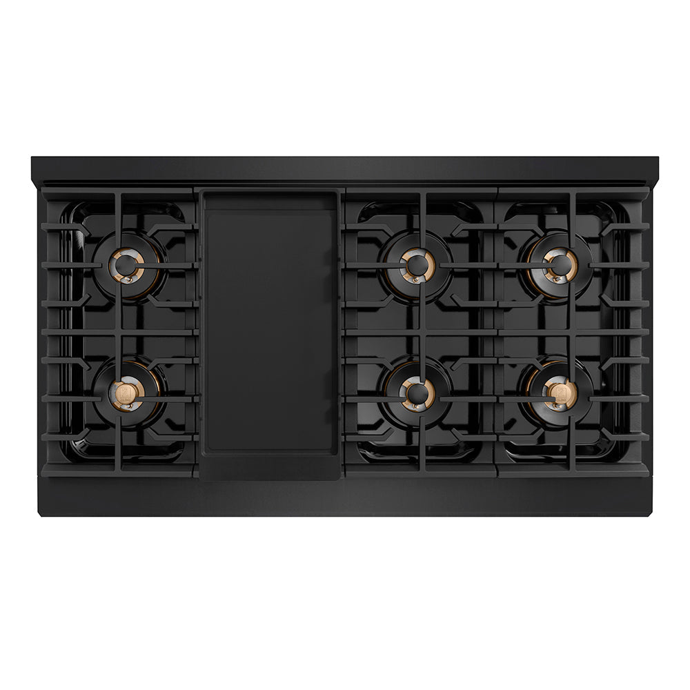 ZLINE Autograph Edition 48 in. 6.7 cu. ft. Paramount Gas Range with 8 Burner DuoProâ„¢ Cooktop and Dual Ovens in Black Stainless Steel with Champagne Bronze Helix Handles and Accents (PSGRBZ-48-KCB)