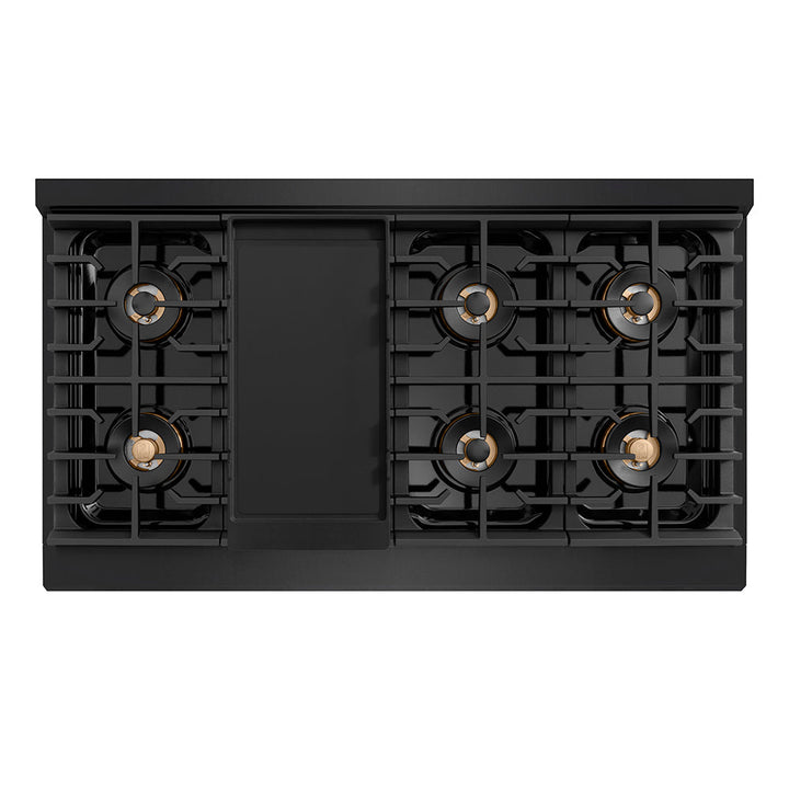 ZLINE Autograph Edition 48 in. 6.7 cu. ft. Paramount Gas Range with 8 Burner DuoProâ„¢ Cooktop and Dual Ovens in Black Stainless Steel with Champagne Bronze Helix Handles and Accents (PSGRBZ-48-KCB)