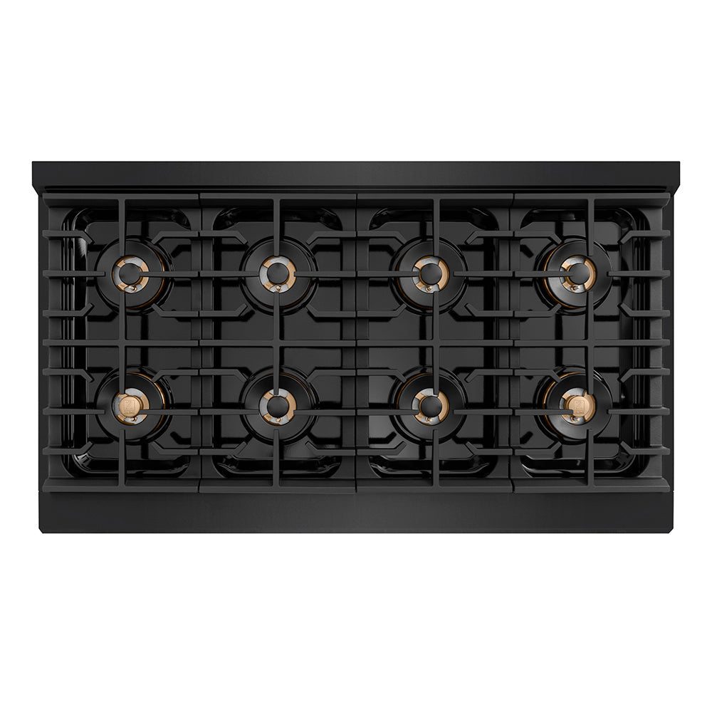 ZLINE Autograph Edition 48 in. 6.7 cu. ft. Paramount Gas Range with 8 Burner DuoProâ„¢ Cooktop and Dual Ovens in Black Stainless Steel with Champagne Bronze Helix Handles and Accents (PSGRBZ-48-KCB)