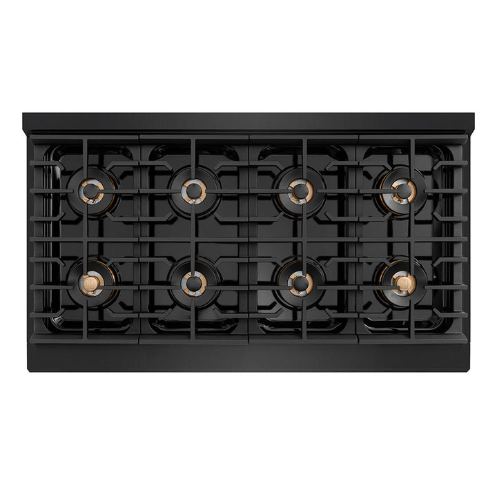 ZLINE Autograph Edition 48 in. 6.7 cu. ft. Paramount Gas Range with 8 Burner DuoProâ„¢ Cooktop and Dual Ovens in Black Stainless Steel with Champagne Bronze Helix Handles and Accents (PSGRBZ-48-KCB)