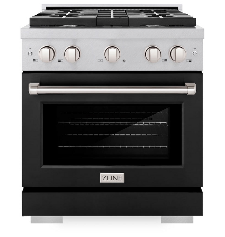ZLINE Paramount 30" 4.2 cu. ft. Gas Range with Convection Oven in DuraSnow® Stainless Steel with Black Matte Door, SGRS-BLM-30