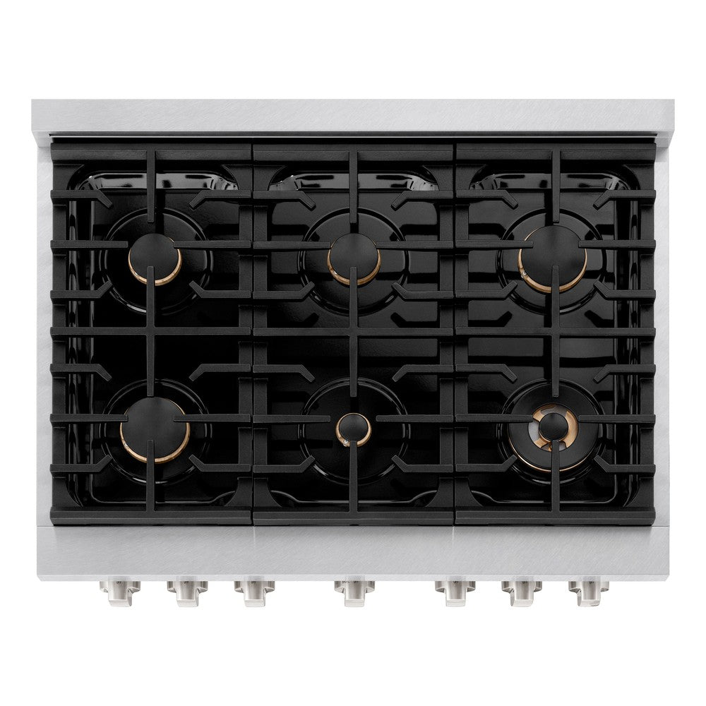 ZLINE 36" 5.2 cu. ft. Paramount Dual Fuel Range in DuraSnow® Stainless Steel with 6 Brass Burners, SDRS-BR-36