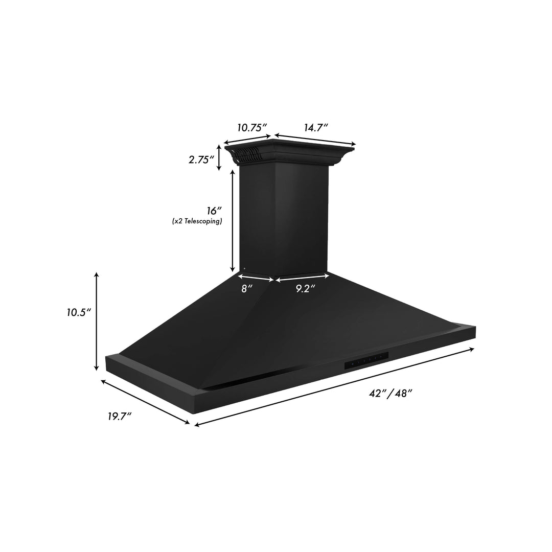 48" ZLINE CrownSoundâ„¢Ducted Vent Wall Mount Range Hood in Black Stainless Steel with Built-in Bluetooth Speakers (BSKBNCRN-BT-48)