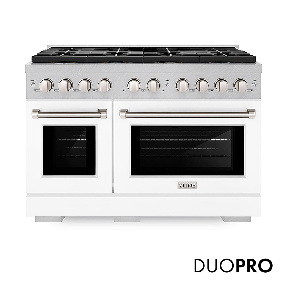 ZLINE 48 in. 6.7 cu. ft. Paramount Dual Fuel Range with 8 Burner DuoProâ„¢ Cooktop and Dual Ovens in Satin Stainless Steel with White Matte Doors (PSDRS-WM-48)