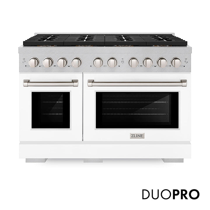 ZLINE 48 in. 6.7 cu. ft. Paramount Dual Fuel Range with 8 Burner DuoProâ„¢ Cooktop and Dual Ovens in Satin Stainless Steel with White Matte Doors (PSDRS-WM-48)