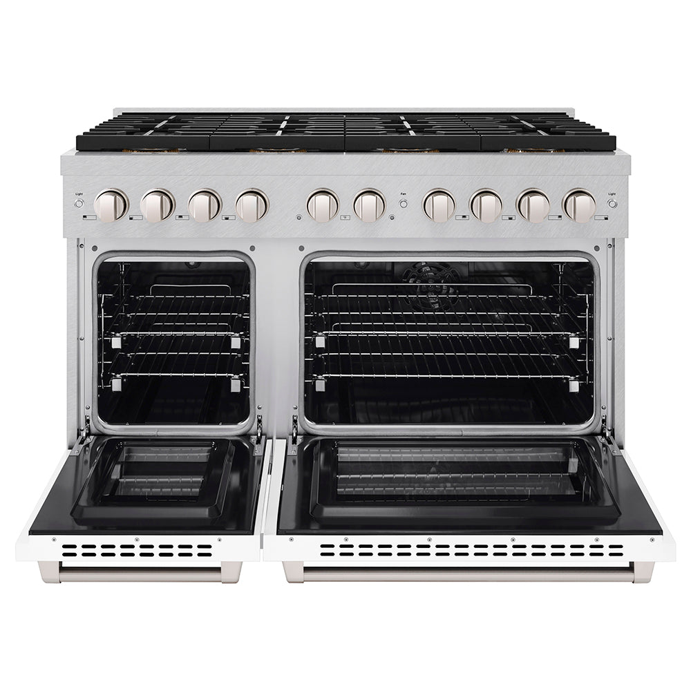ZLINE 48 in. 6.7 cu. ft. Paramount Dual Fuel Range with 8 Burner DuoProâ„¢ Cooktop and Dual Ovens in Satin Stainless Steel with White Matte Doors (PSDRS-WM-48)