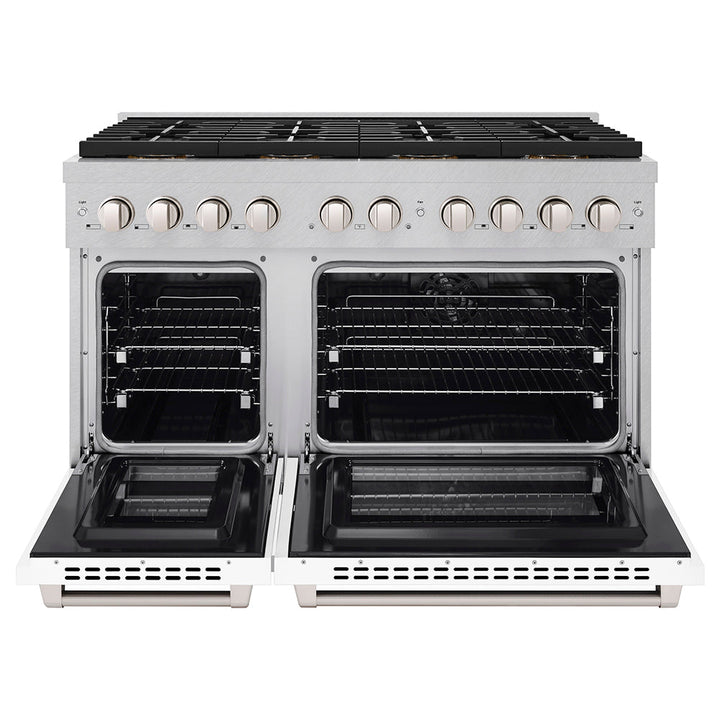 ZLINE 48 in. 6.7 cu. ft. Paramount Dual Fuel Range with 8 Burner DuoProâ„¢ Cooktop and Dual Ovens in Satin Stainless Steel with White Matte Doors (PSDRS-WM-48)