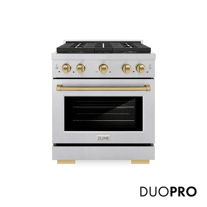 ZLINE Autograph Edition 30 in. 4.2 cu. ft. Paramount Dual Fuel Range with 4 Burner DuoProâ„¢ Cooktop and Electric Convection Oven in Satin Stainless Steel and Champagne Bronze Accents (PSDRSZ-30-CB)