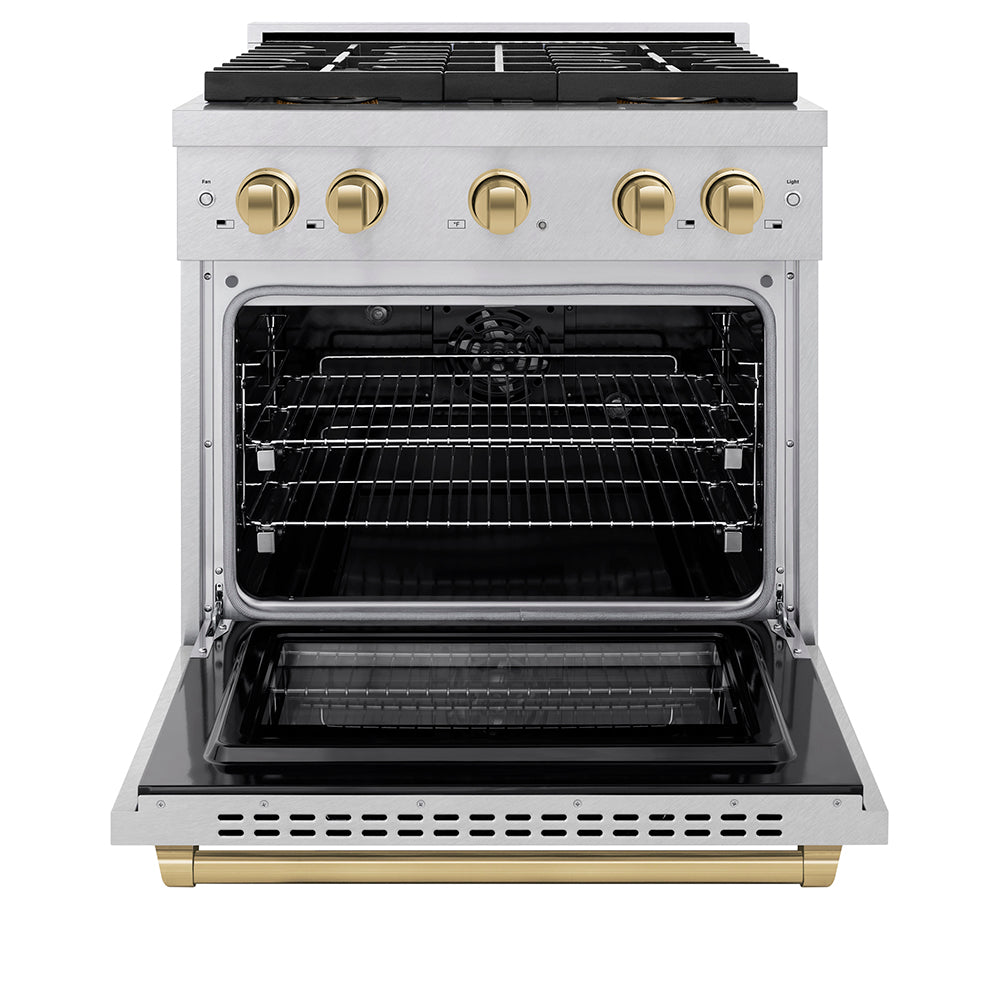ZLINE Autograph Edition 30 in. 4.2 cu. ft. Paramount Dual Fuel Range with 4 Burner DuoProâ„¢ Cooktop and Electric Convection Oven in Satin Stainless Steel and Champagne Bronze Accents (PSDRSZ-30-CB)