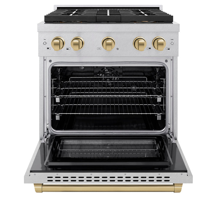ZLINE Autograph Edition 30 in. 4.2 cu. ft. Paramount Dual Fuel Range with 4 Burner DuoProâ„¢ Cooktop and Electric Convection Oven in Satin Stainless Steel and Champagne Bronze Accents (PSDRSZ-30-CB)
