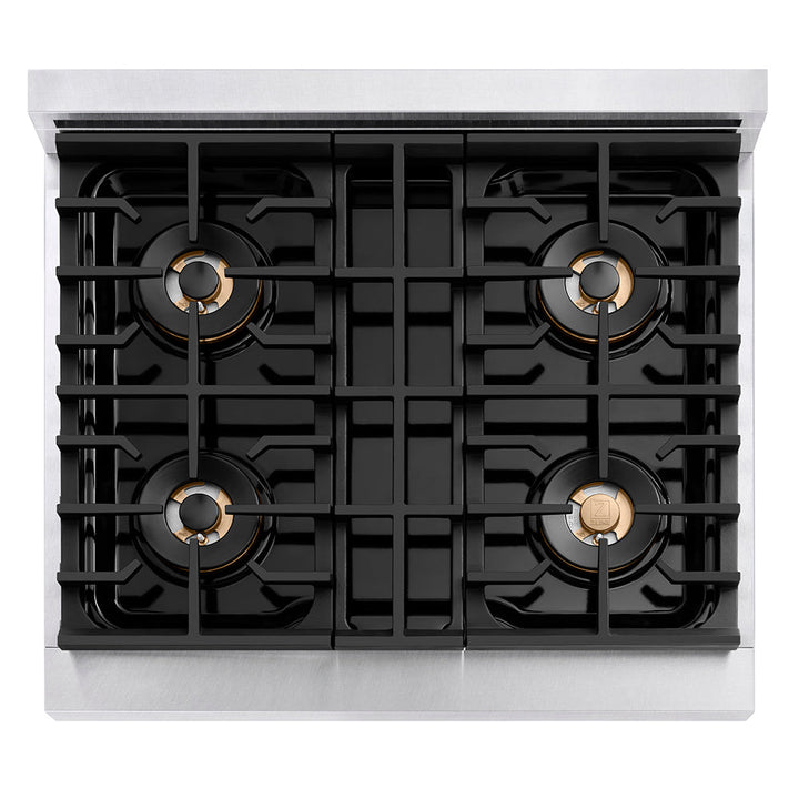 ZLINE Autograph Edition 30 in. 4.2 cu. ft. Paramount Dual Fuel Range with 4 Burner DuoProâ„¢ Cooktop and Electric Convection Oven in Satin Stainless Steel and Champagne Bronze Accents (PSDRSZ-30-CB)