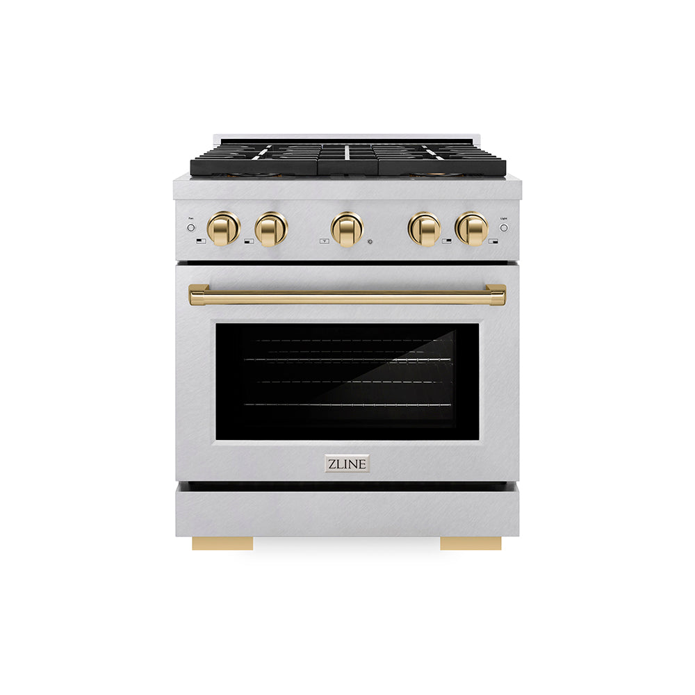 ZLINE Autograph Edition 30 in. 4.2 cu. ft. Paramount Dual Fuel Range with 4 Burner DuoProâ„¢ Cooktop and Electric Convection Oven in Satin Stainless Steel and Polished Gold Accents (PSDRSZ-30-G)