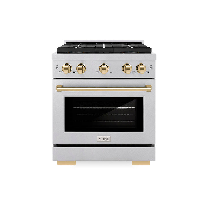 ZLINE Autograph Edition 30 in. 4.2 cu. ft. Paramount Dual Fuel Range with 4 Burner DuoProâ„¢ Cooktop and Electric Convection Oven in Satin Stainless Steel and Polished Gold Accents (PSDRSZ-30-G)